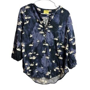 Anthropologie Maeve Bethesda Flannel Top Swan Print Blue Small
